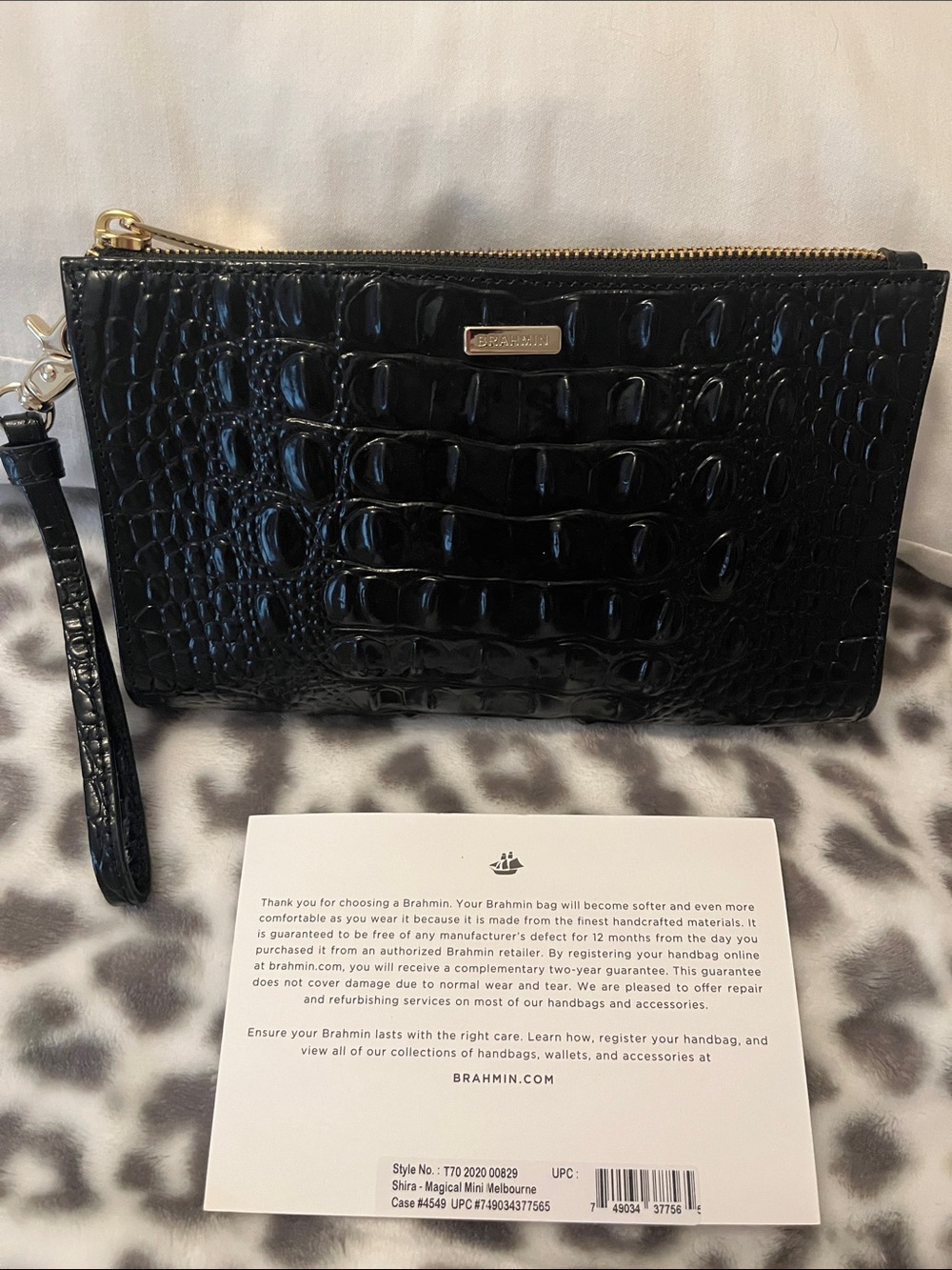 Brahmin Black Croc-Embossed Leather Wristlet with Gold Hardware